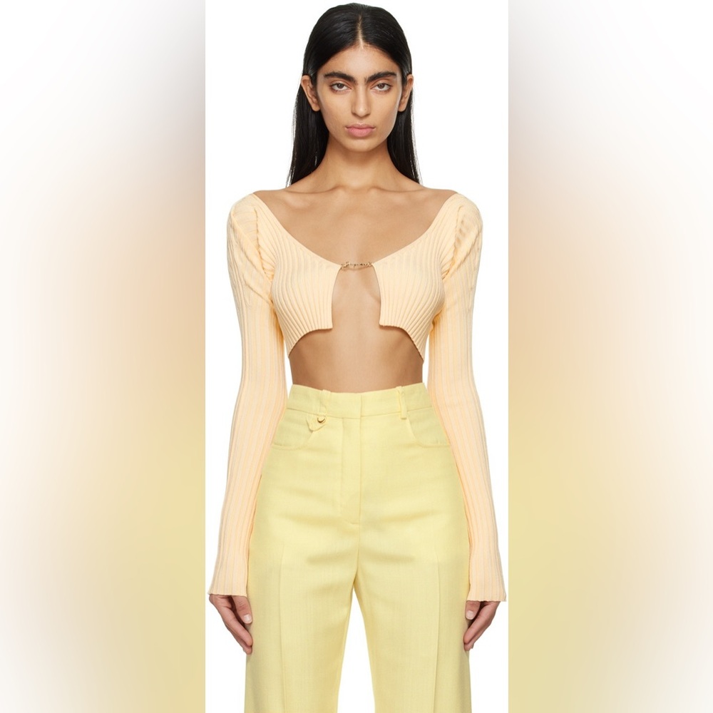 Jacquemus Ribbed V-Neck Long-Sleeve Crop Top — yellow